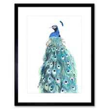 Elegant Peacock Bird Tail Feathers Watercolour 9x7" Black Framed Wall Art Print