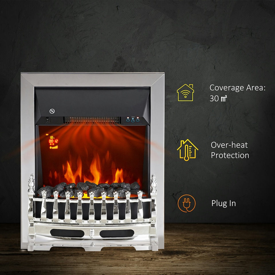 image 1 of HOMCOM Electric Fireplace 1 & 2KW LED Fire Remote Control Heater Silver