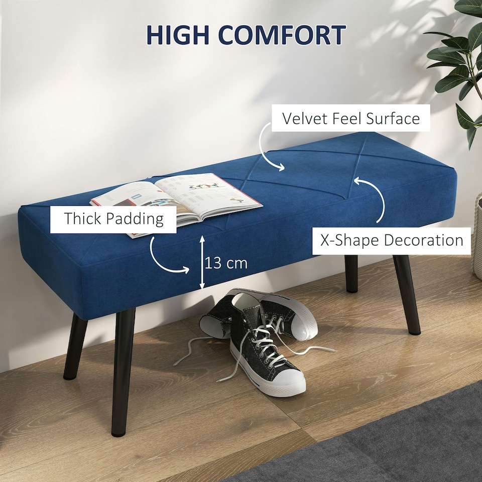 image 1 of HOMCOM End of Bed Bench, Upholstered Hallway Bedroom with Steel Legs, Blue