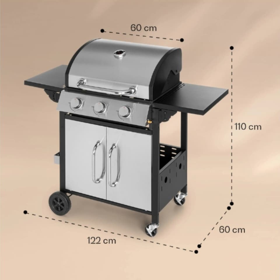 image 1 of Premium 3 Burner Gas BBQ with Folding Shelves, Built-in Thermometer & Gas Bottle Storage