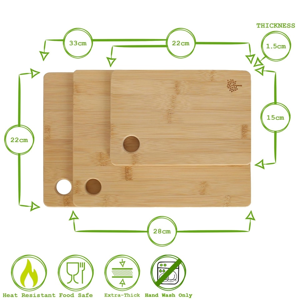 image 1 of Nicola Spring 3pc Bamboo Chopping Board Set 100% Bamboo Natural Cutting Serving Worktop Saver Boards Brown