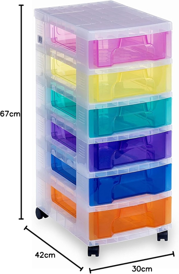 image 1 of Really Useful Plastic Drawer Storage Unit 6X7 Litre Clear Frame  Rainbow Drawer