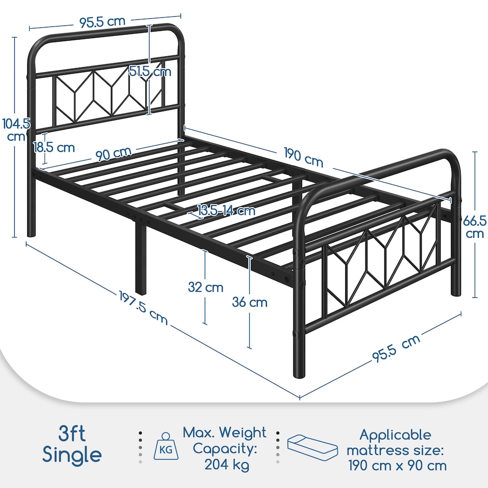 image 1 of Yaheetech 3ft Single Metal Bed Frame with Diamond Pattern Headboard, 32cm Underbed Storage, No Box Spring Needed, Black