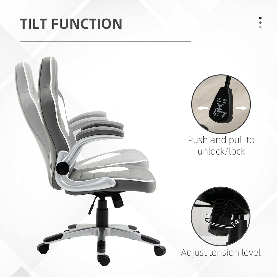 image 1 of Vinsetto Computer Gaming Chair, Office Desk Swivel Chair, PU Leather Racing Chair with 90 Flip-up Armrest, Adjustable Height and Rolling Wheels, Grey