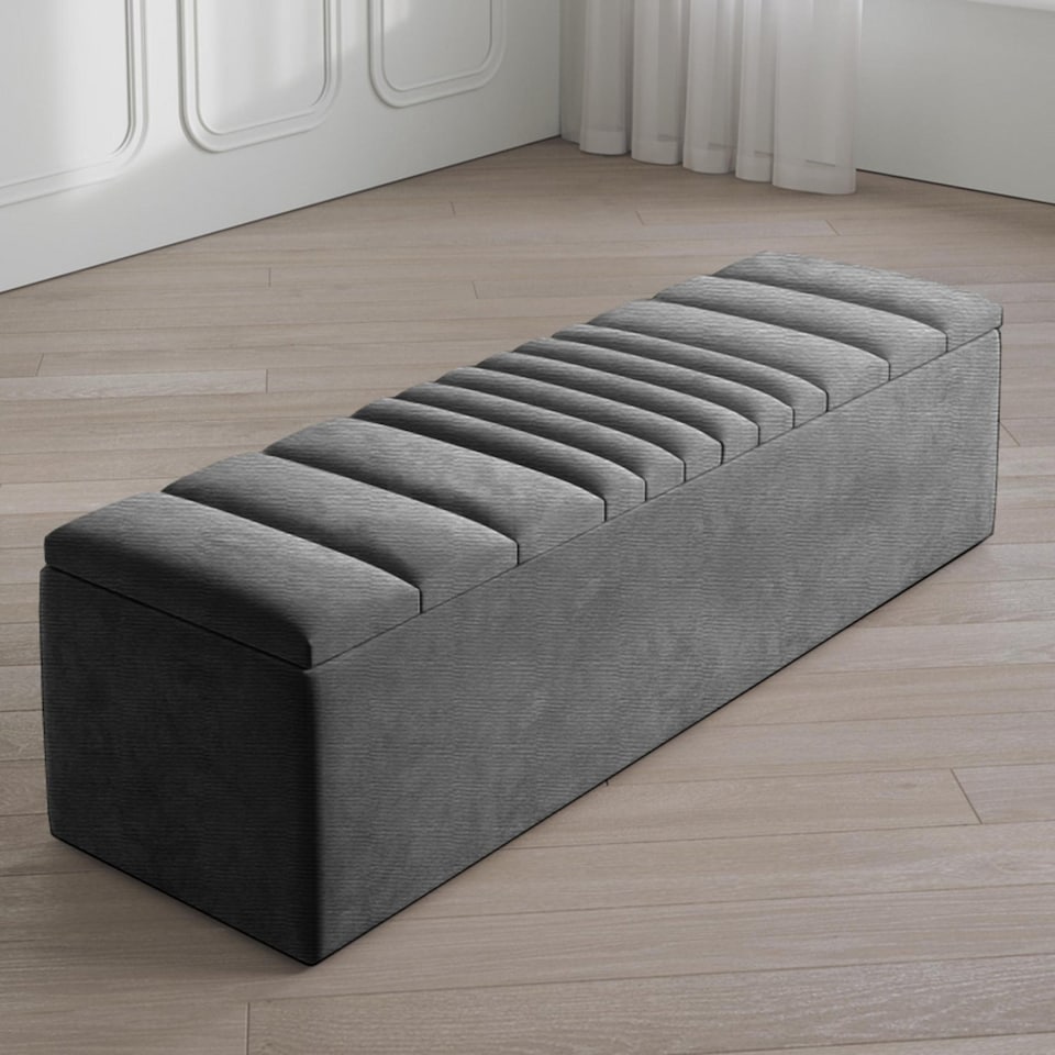 image 1 of Safar 90cm Large Ottoman Storage Box - Naples Shoes Bench - Dark Grey Lined Upholstery Blanket Storage Box