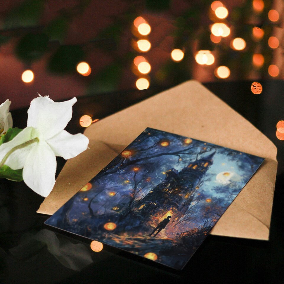 image 1 of Man By Witch House Dark Forest Fantasy Art Birthday Greeting Card