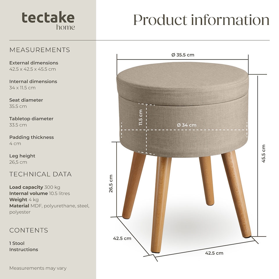 image 1 of Stool Yara - round, padded, with storage space, linen look | Cream | sand | 42,50 x 42,50 x 45,50 cm | 1