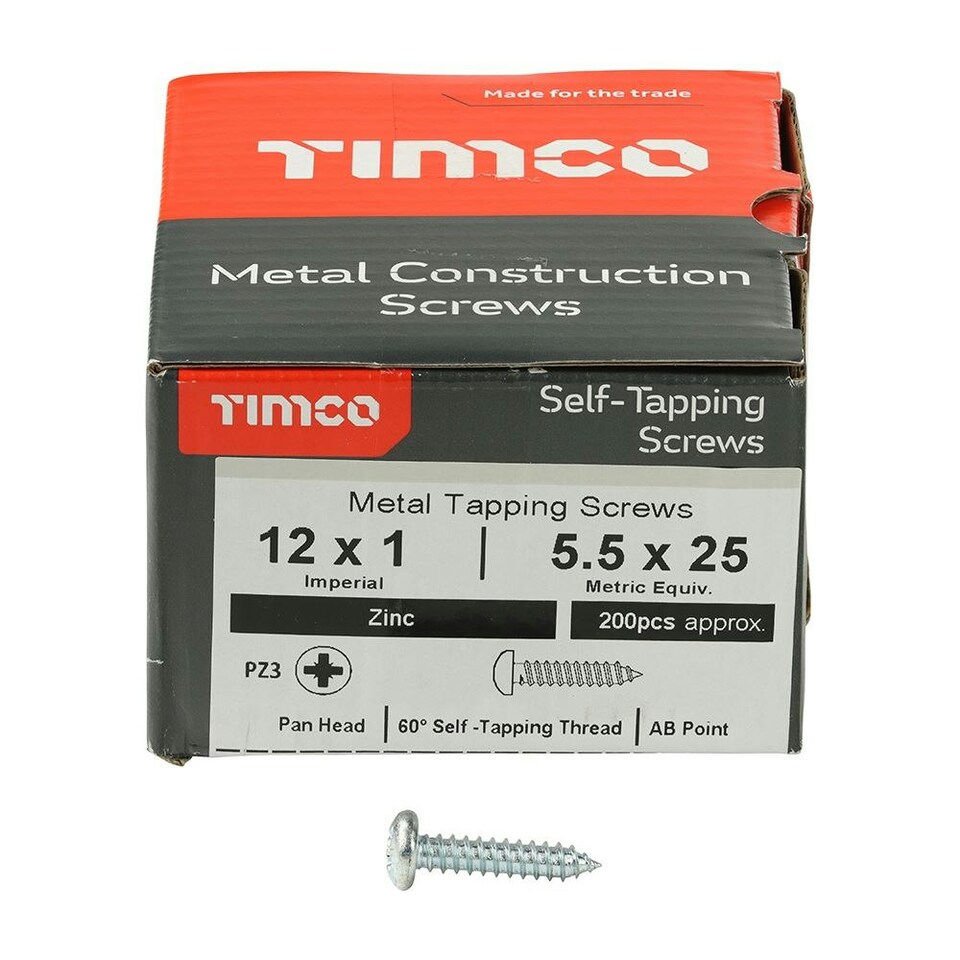 image 1 of Timco - Metal Tapping Screws - PZ - Pan - Self-Tapping - Zinc (Size 12 x 1 - 200 Pieces)