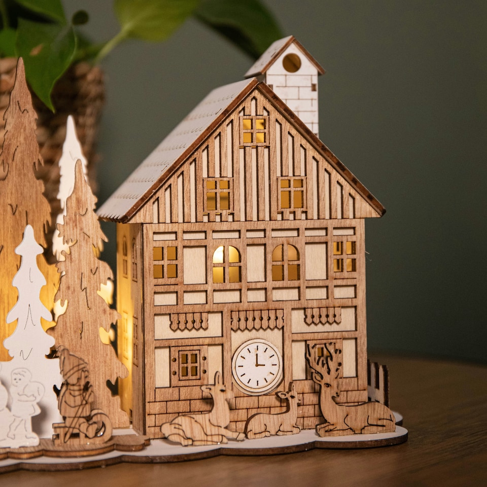 image 1 of 16cm Battery Operated Light up Wooden House Scene with Christmas Trees and Warm White LEDs