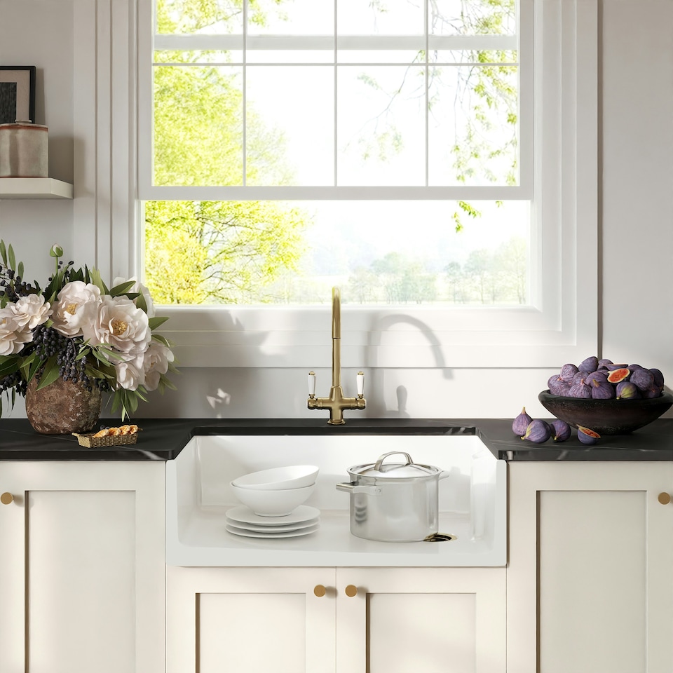 image 1 of Fireclay Kitchen Bundle - Single Bowl Belfast Sink, Strainer Waste & Mono Lever Tap, 795mm - Brushed Brass - Balterley