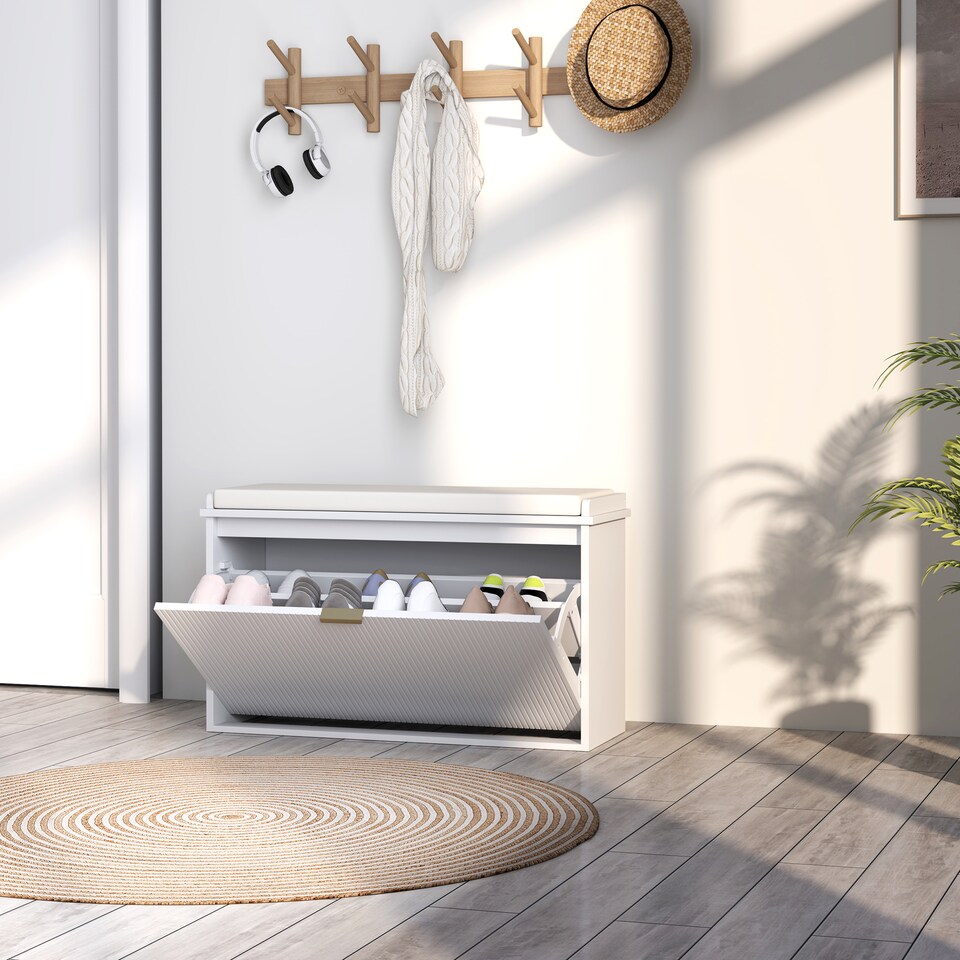 image 1 of HOMCOM Shoe Bench with Padded Seat Cushion and Flip-Drawer, Shoe Cabinet Holds up to 120kg for Hallway, Entryway and Porch, 80x26x47.5cm, White | White | White