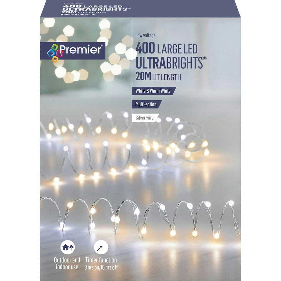 image 1 of Premier UltraBrights Lights 400 LED Warm White 20m Silver / White & Warm White LEDs