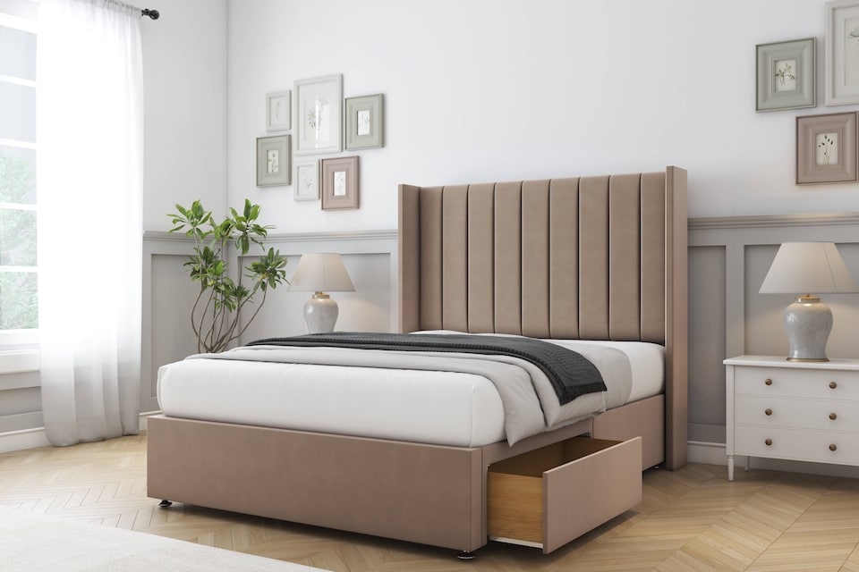 image 1 of Sloomy Falcon Mink Plush Divan Bed With Mattress 2 Drawers Footend With 54" Wingback Headboard 6' Super King | Brown | Mink | Super King | 1