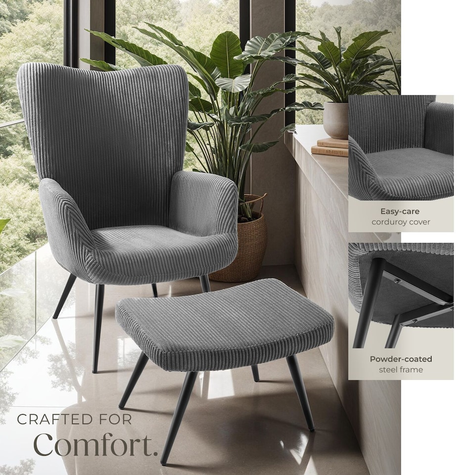 image 1 of Armchair Hygge - padded, armrests and ergonomic backrest, 150 kg load capacity | Grey | Wide cord anthracite/black | One Size | 1
