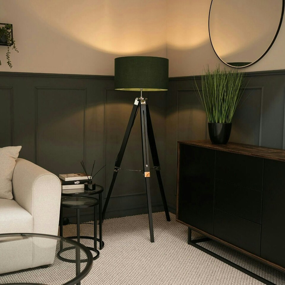 image 1 of ValueLights Clipper Modern Black Wood and Silver Chrome Tripod Floor Lamp with Forest Green Drum Shade