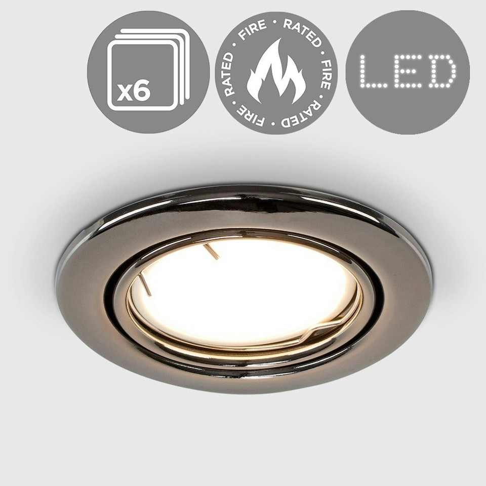 image 1 of ValueLights 6 Pack Fire Rated Black Chrome Tiltable GU10 Recessed Ceiling Downlights