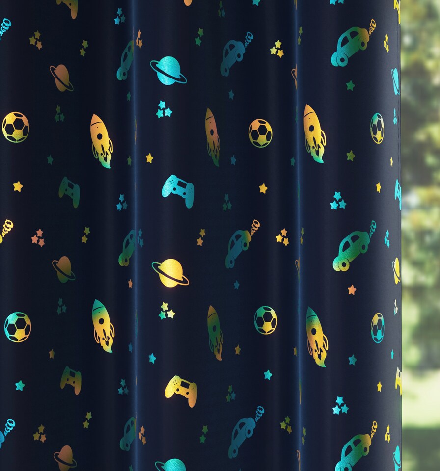 image 1 of Enhanced Living Infinity Room Darkening Thermal Blue Metallic Print Kid's Eyelet Curtains (PAIR) 46 x 54 inch (117x137cm)