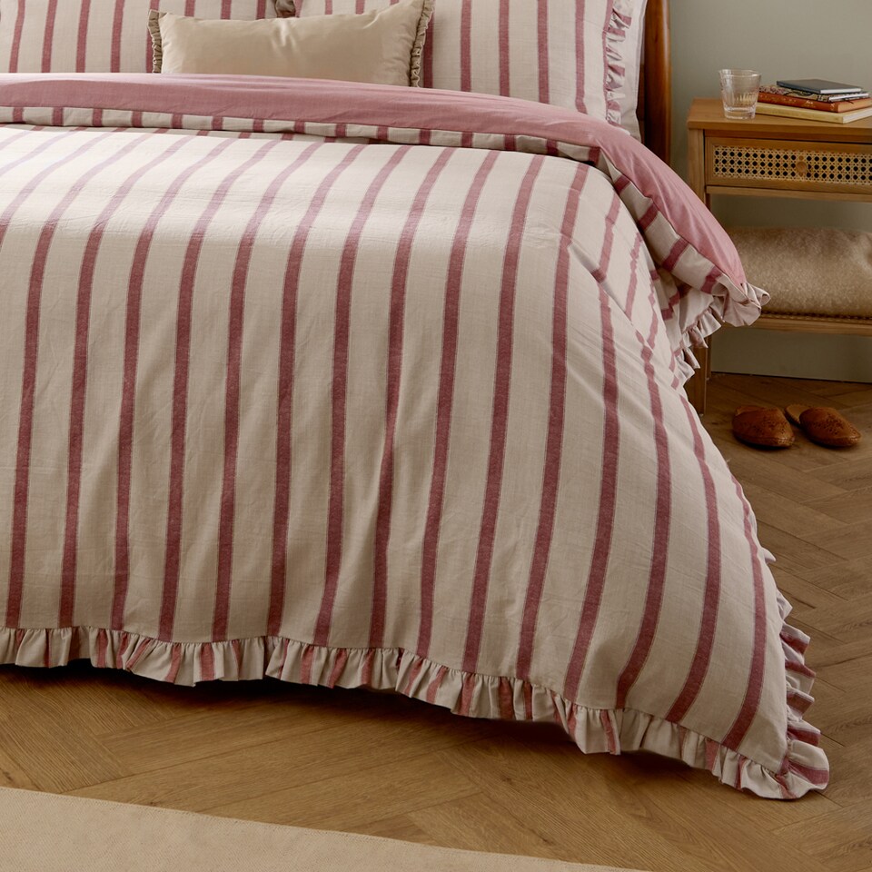 image 1 of Wylder Connie Striped Ruffle Duvet Cover Set | Pink | Clay Pink | Single | 1