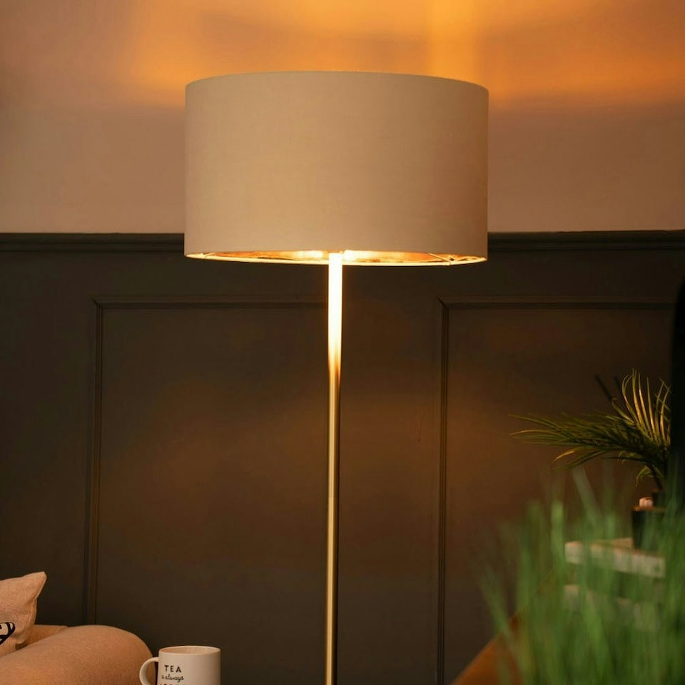 image 1 of ValueLights Tavel Brushed Gold Floor Lamp with Large Cream Drum Shade and LED Bulb | Cream