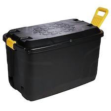 1 x 110 Litre Large Heavy Duty Indoor Outdoor Black Storage Trunk With Lid, Wheels & Yellow Handles | Black | 1