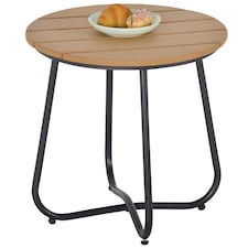 Outsunny Round Outdoor Side Table Adjustable Leg Pads Natural Wood & Black | Brown | Natural wood and black | 49 x 49 x 48 cm