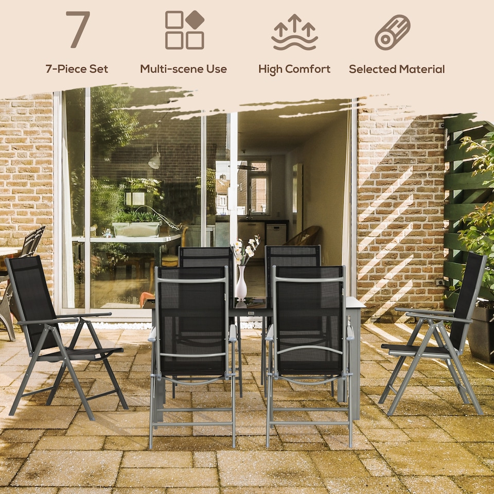 image 1 of Outsunny 7 Piece Garden Dining Set, Outdoor Table and 6 Folding and Reclining Chairs, Aluminium Frame, Tempered Glass Top Table, Texteline Seats, Black