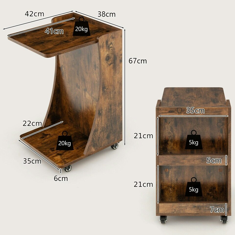 image 1 of COSTWAY C-Shaped End Table Mobile Sofa Side Table Brown