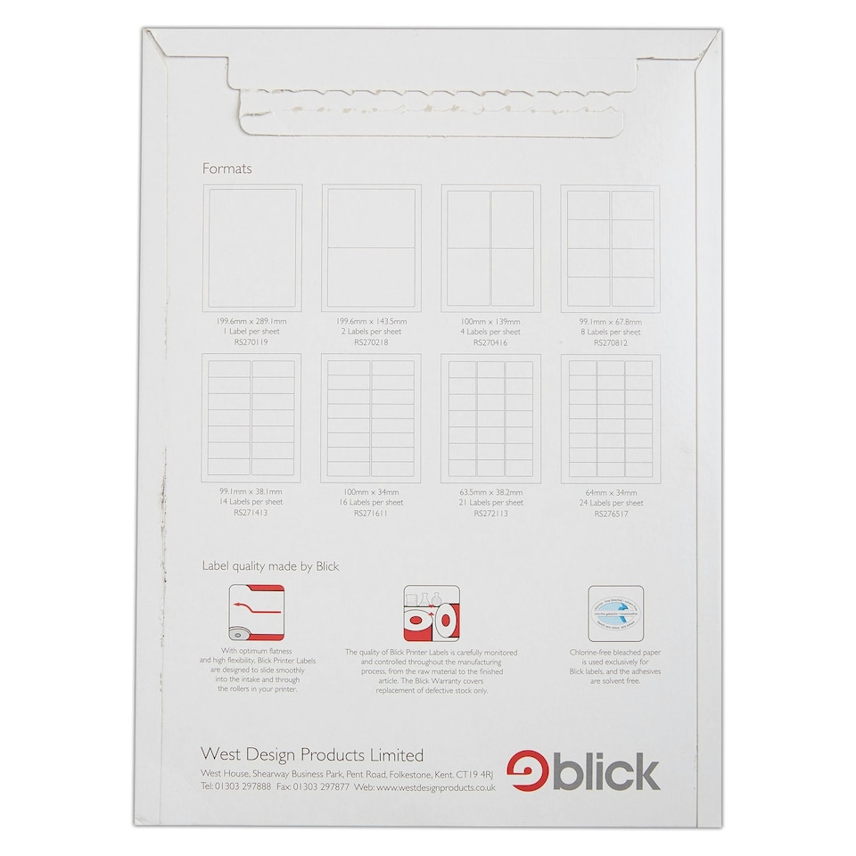 image 1 of Blick 2 Per Sheet 100 Sheets, 199.6mm x 143.5mm, Rectangular, White, 200 Labels