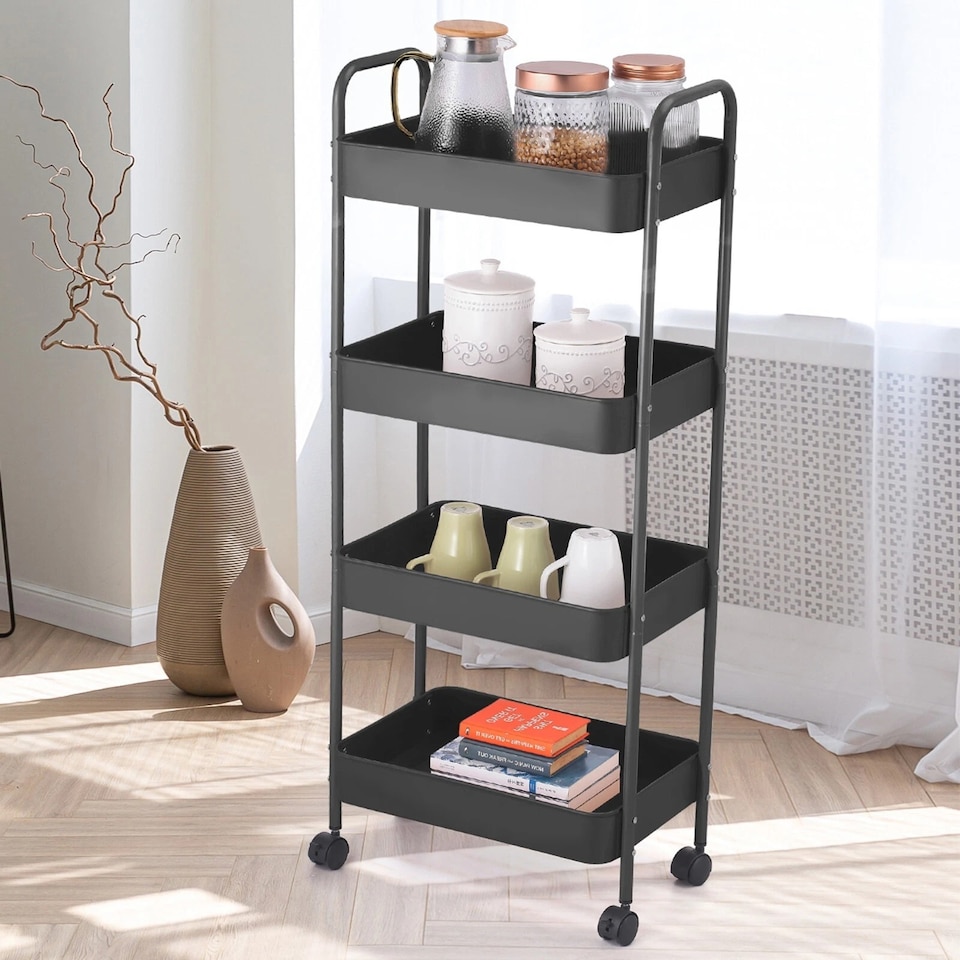 image 1 of Shelf Plastic Slim Storage Trolley Cart Castor Wheels Kitchen Organiser | Black | Black | 4 Tier Black