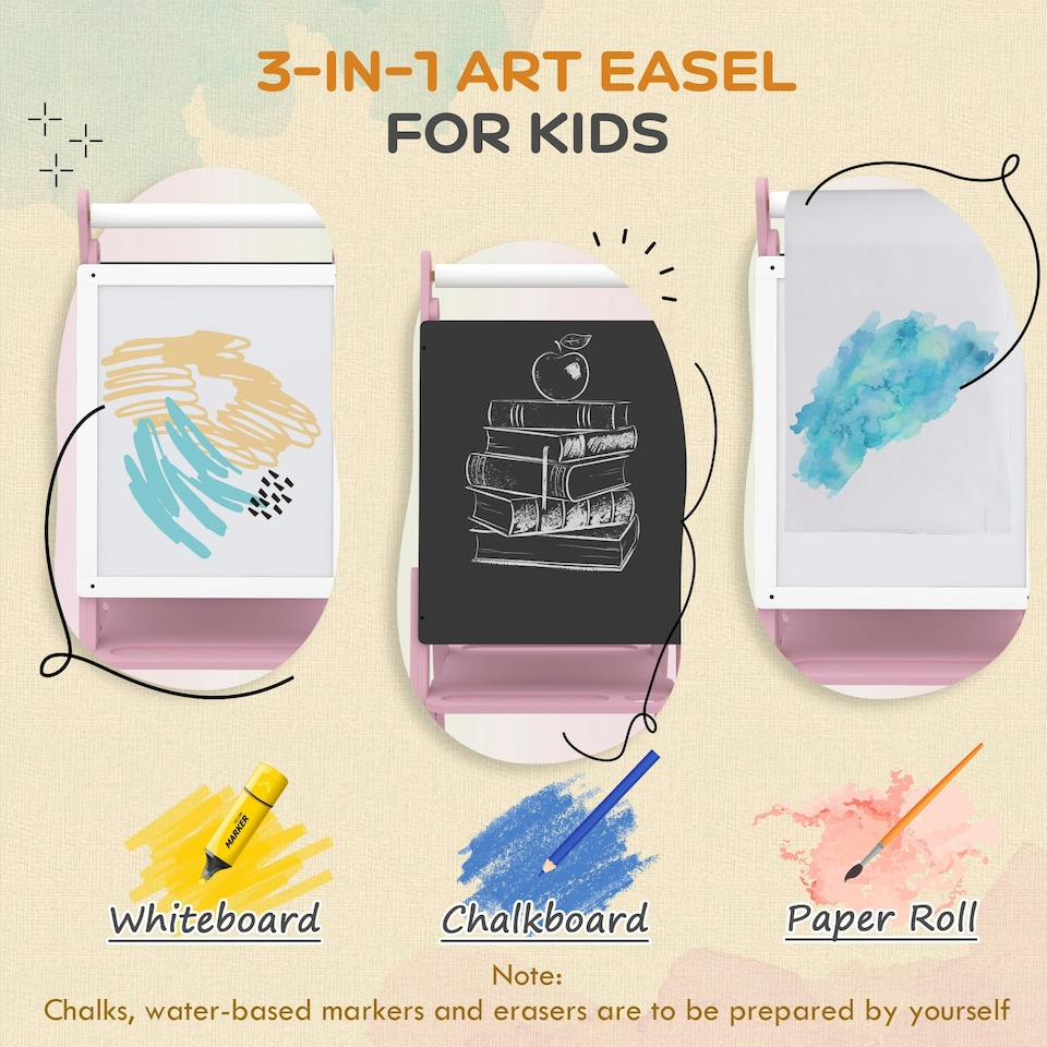 image 1 of AIYAPLAY Three-in-One Easel for Kids, with Paper Roll, Adjustable Height - Pink 