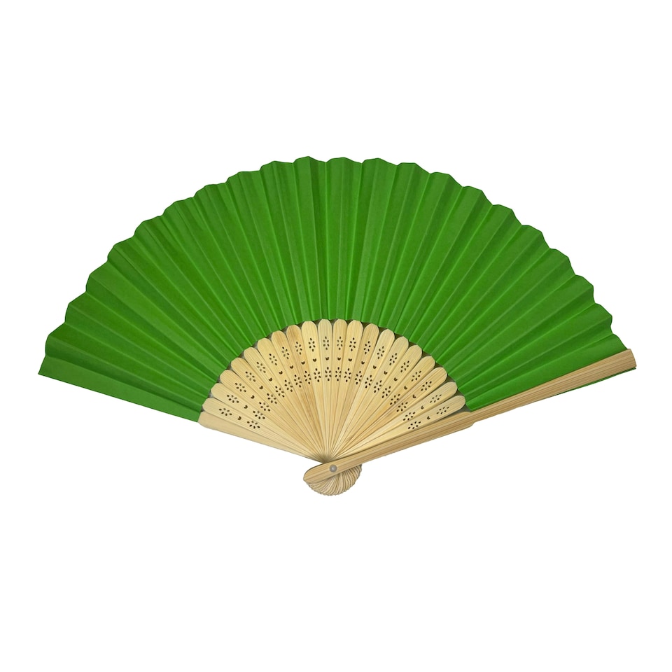 image 1 of Green Paper Foldable Hand Held Bamboo Wooden Fan by Parev