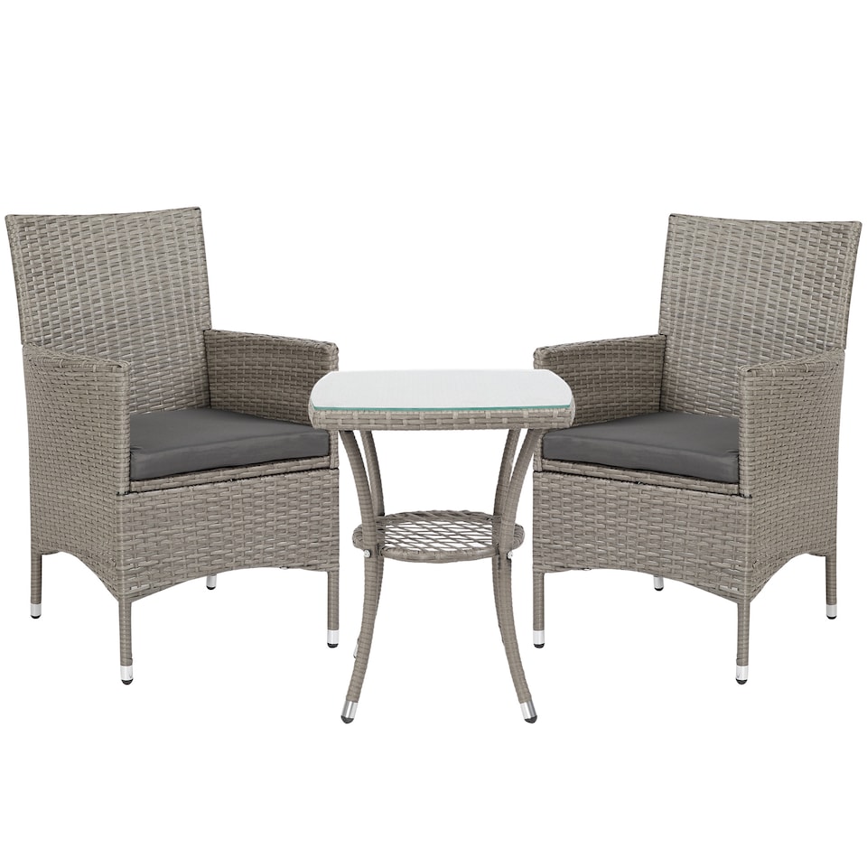 image 1 of Outsunny 3 Pieces Rattan Bistro Set, Wicker Garden Furniture Set with 2 Tier Coffee Table and Chairs, Washable Cushions, for Outdoor Patio Balcony, Grey