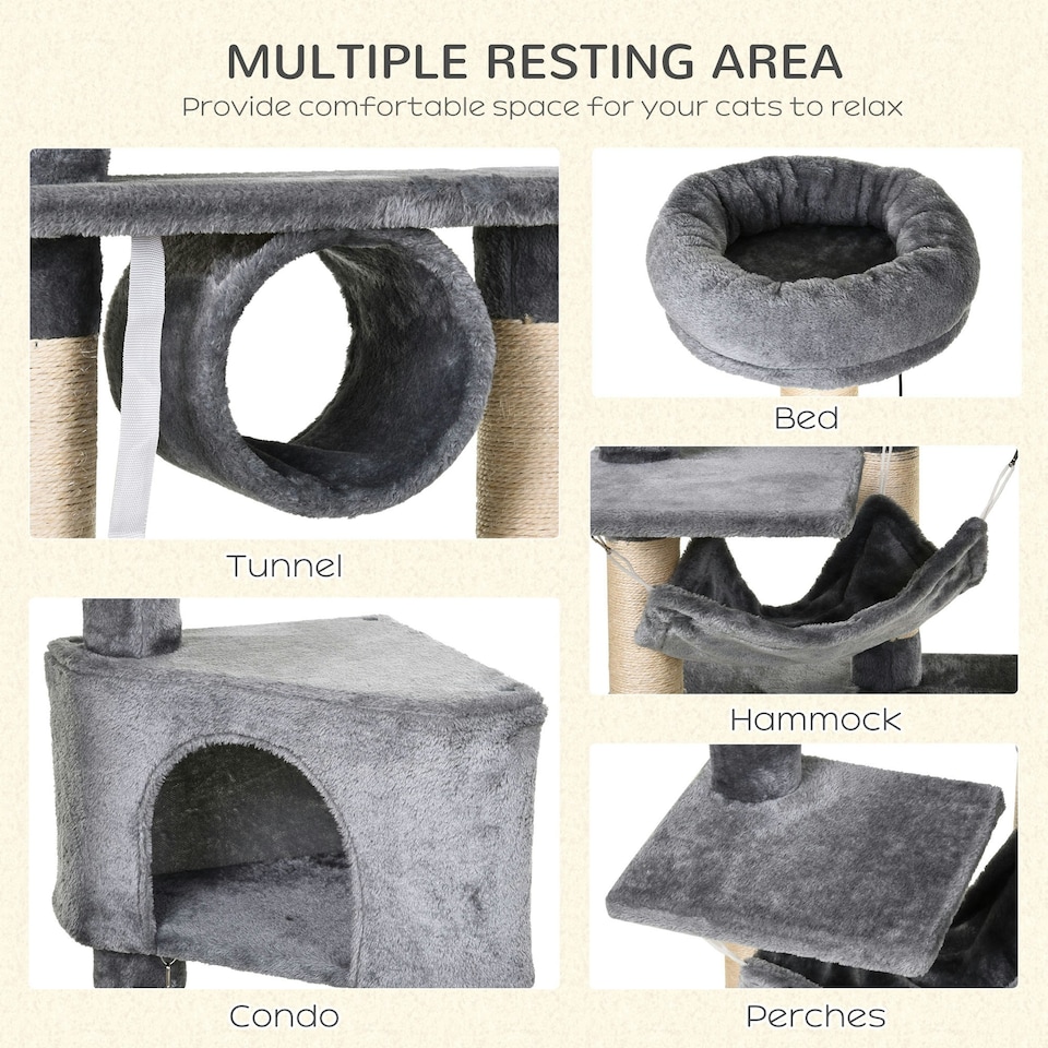 image 1 of PawHut 154cm Cat Tree Tower Multi-level Indoor Scratching Post Light Grey