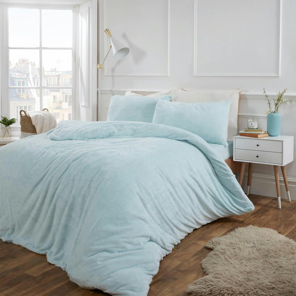 image 1 of Brentfords Ultra Soft Teddy Fleece Duvet Cover and Pillowcase Bedding Set, Single - Duck Egg Blue