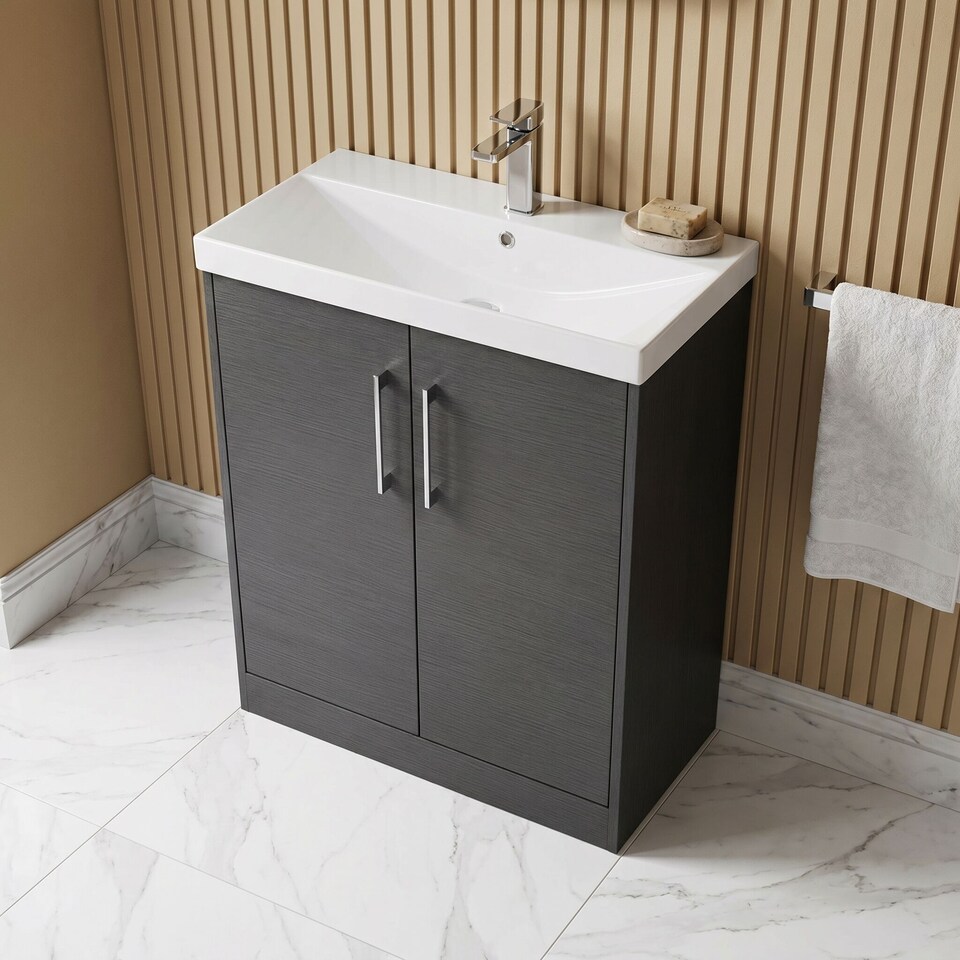 image 1 of Balterley Winshill Contemporary 2 Door Floor Standing Vanity Unit with Thin Edge Basin, Woodgrain Dark Grey, 800mm