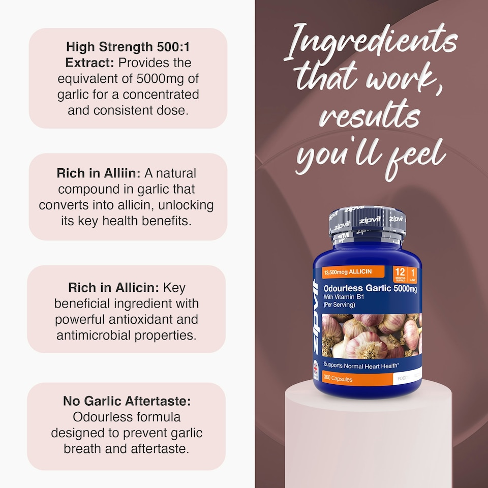 image 1 of Zipvit Odourless Garlic 5000mg with Vitamin B1, Heart & Energy Support, 360 Capsules, 12-Month Supply
