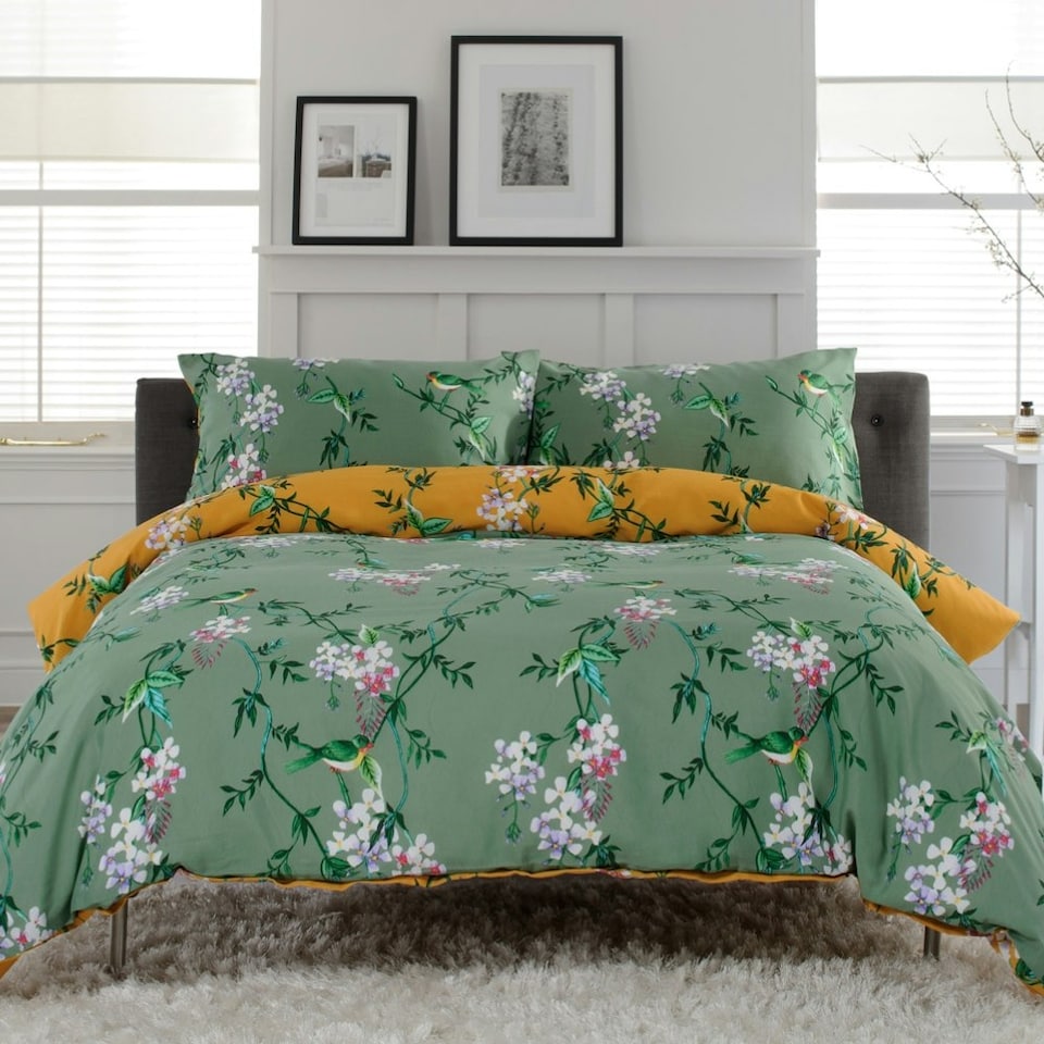 image 1 of Bird Garden Sage & Gold 200 Thread Count Duvet Cover Set - Decorative Animal and Floral Bedding Design Green | Sage & Gold | King