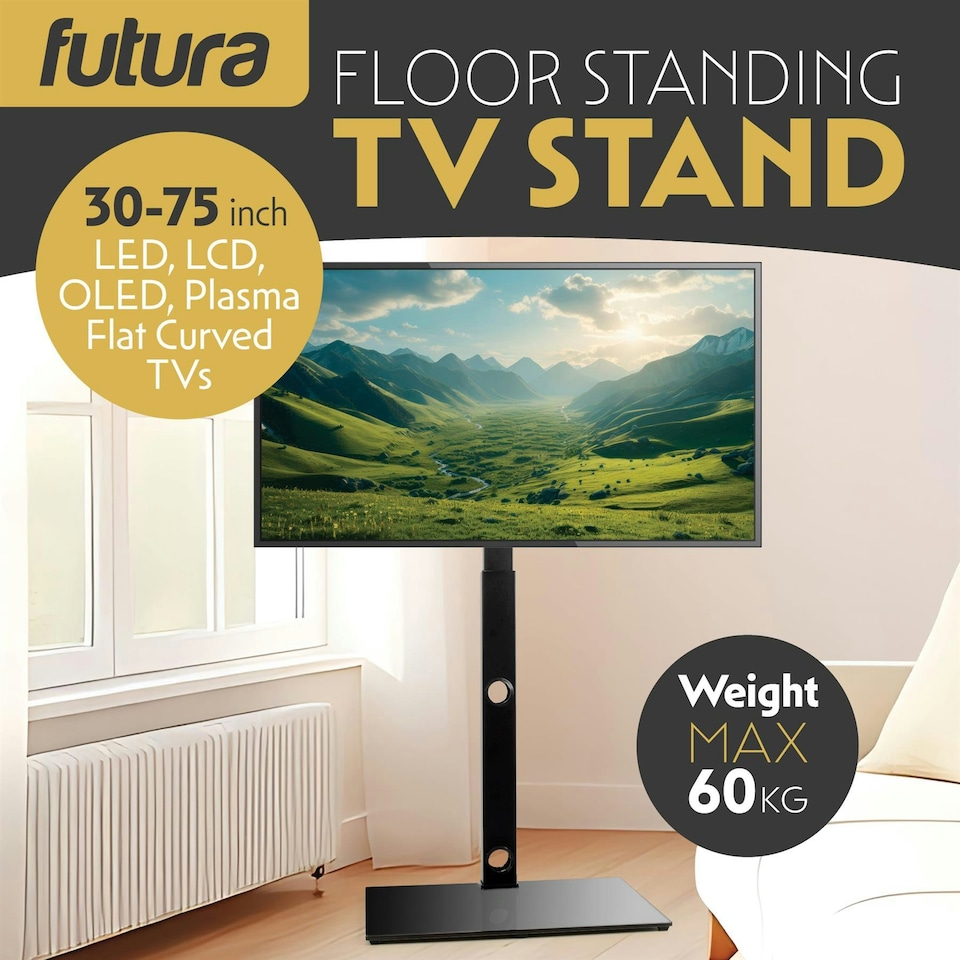 image 1 of Futura 30–75 Inch Universal TV Floor Stand, Swivel & Height Adjustable 40kg Load Black