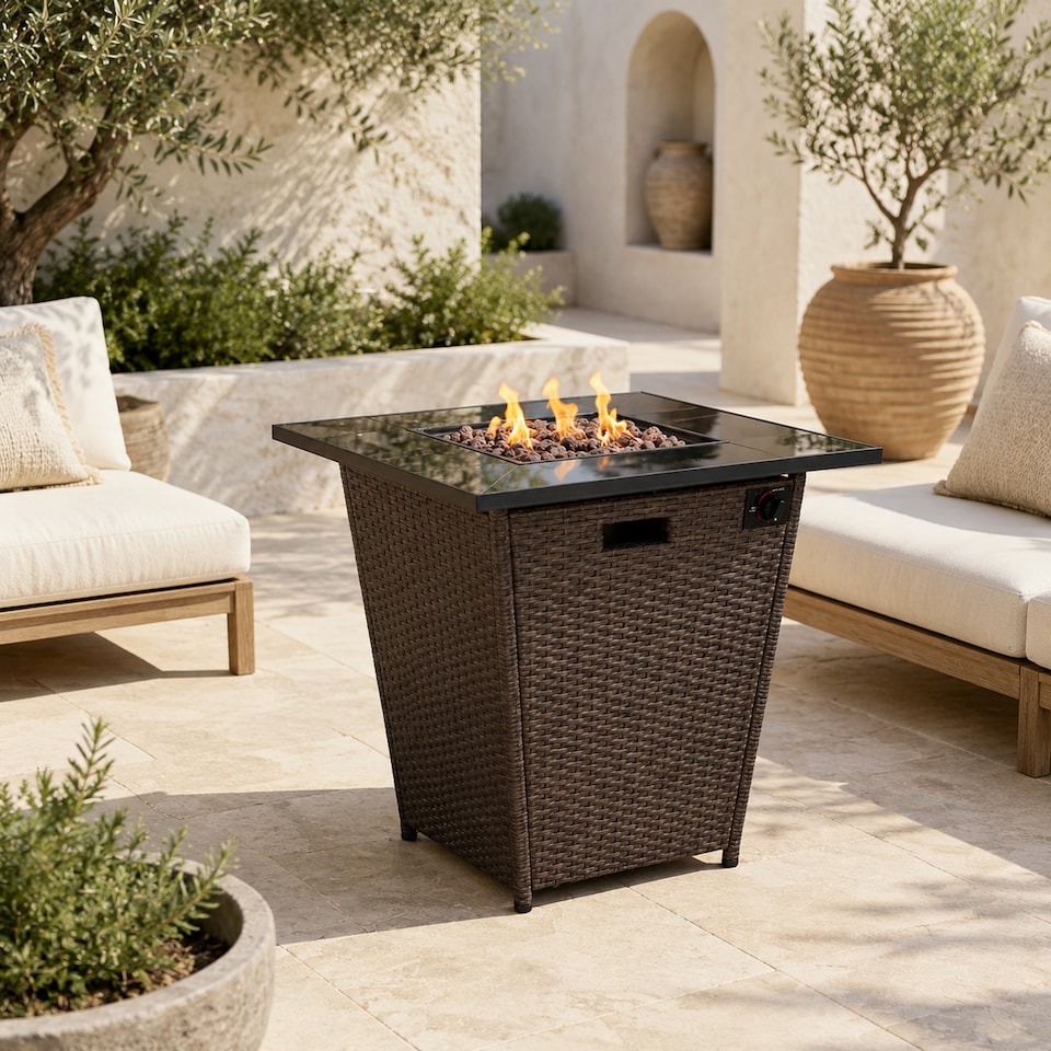 image 1 of Teamson 76cm Propane Gas Fire Pit Table with Rattan Base, 40,000 BTU