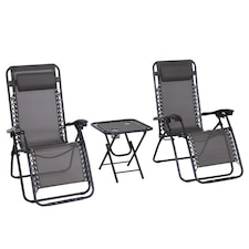 Outsunny Folding Zero Gravity Chairs, 3 Pieces Adjustable Sun Lounger and Table Set with Cup Holder and Headrest, Patio Bistro Set with Reclining Garden Chairs for Outdoor, Dark Grey