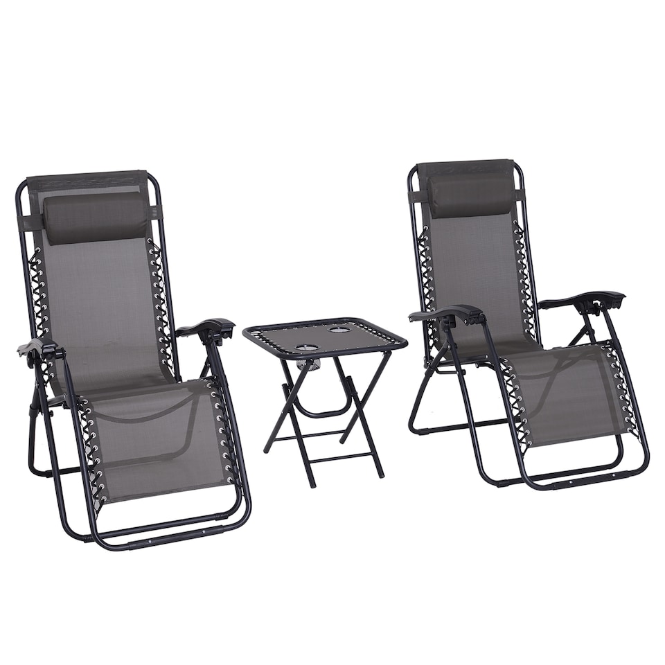 image 1 of Outsunny Folding Zero Gravity Chairs, 3 Pieces Adjustable Sun Lounger and Table Set with Cup Holder and Headrest, Patio Bistro Set with Reclining Garden Chairs for Outdoor, Dark Grey
