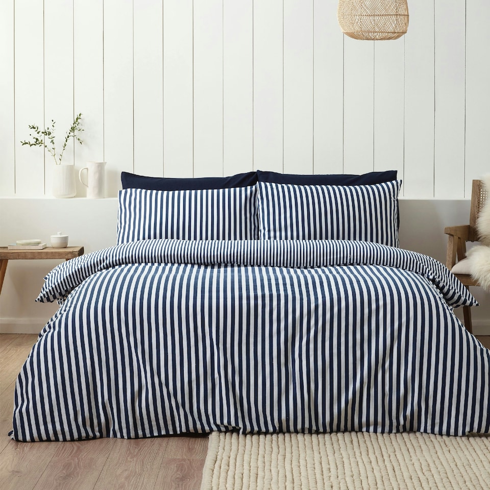 image 1 of Catherine Lansfield Brushed Stripe Cotton Reversible Duvet Cover Set