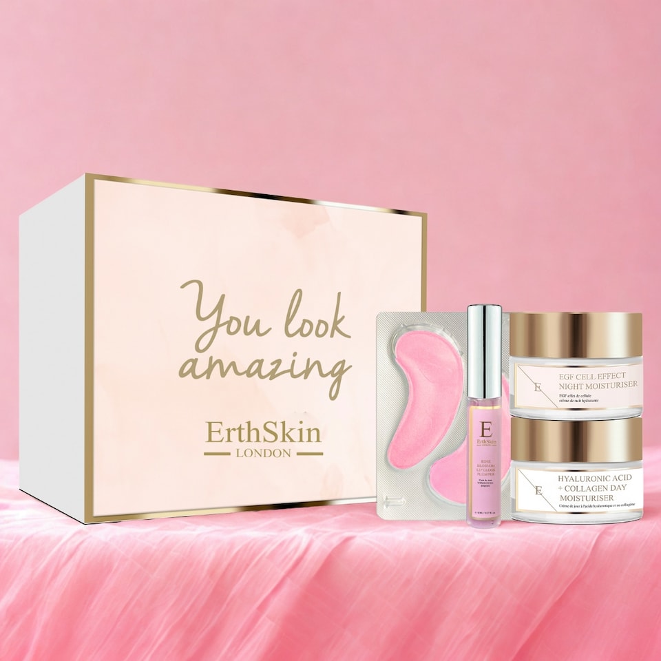 image 1 of Erth Skin London Rose Blossom Glow Lip Gloss + Hydro-Gel Eye Pads + EGF Cell Night Cream + Hyaluronic & Collagen Day Cream 50ml (Universal Kit)