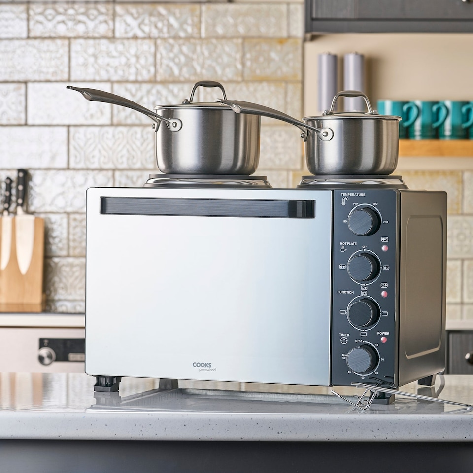 image 1 of Cooks Professional 28L Mini Oven with 2 Hobs - Electric Multifunction Countertop Cooker | Black | Black Contemporary