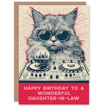DJ Moggie Cat Retro Cool On Decks Fun Daughter in Law Funny Birthday Card