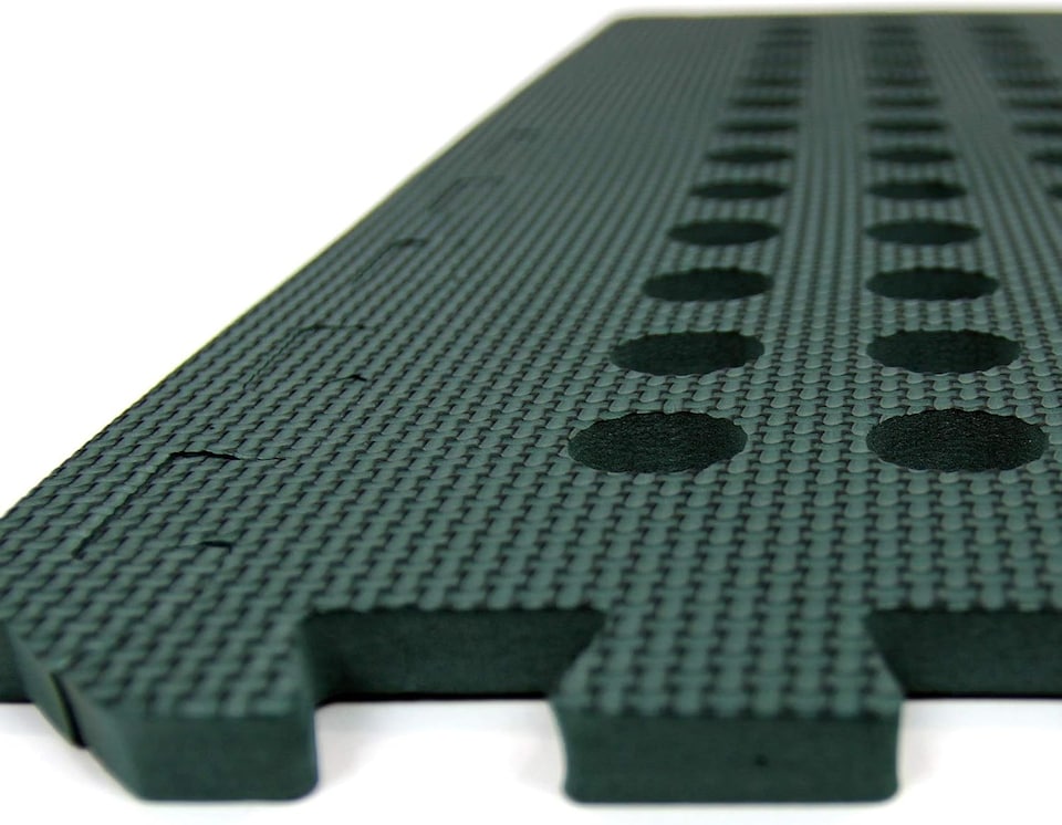 image 1 of Garden Safety Floor Mats – Interlocking EVA Foam Tiles | Green Outdoor Anti-Fatigue Matting with Drainage Holes (16 Sq. Ft)