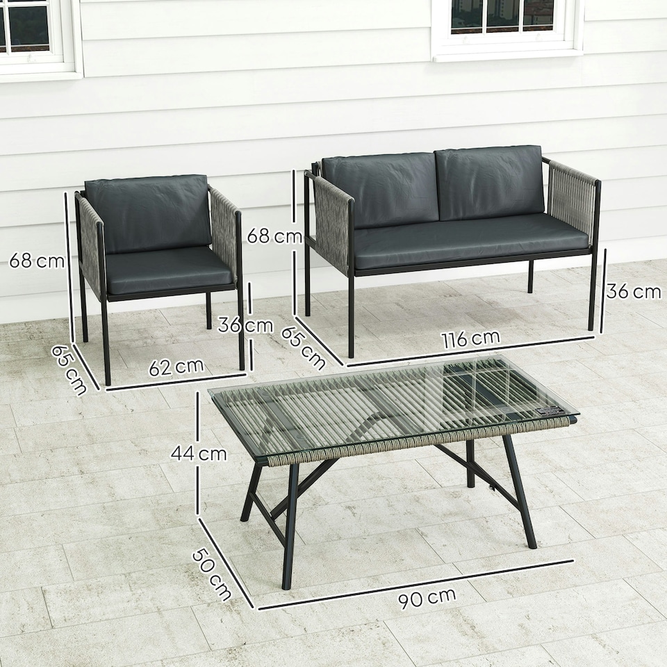 image 1 of Outsunny 4 Seater Wicker Outdoor Furniture Set with Glass Coffee Table Grey