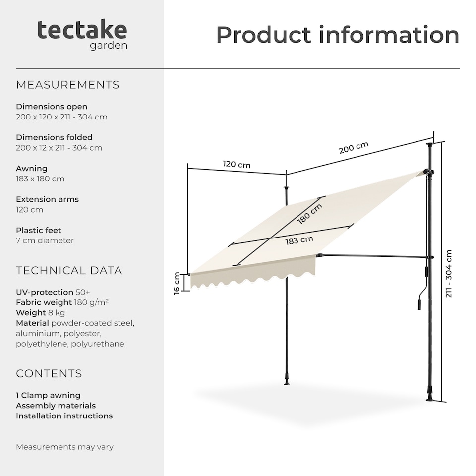 image 1 of Awning with hand crank - pressure fitted , height adjustable | Cream | beige | 200 x 180 cm | 1