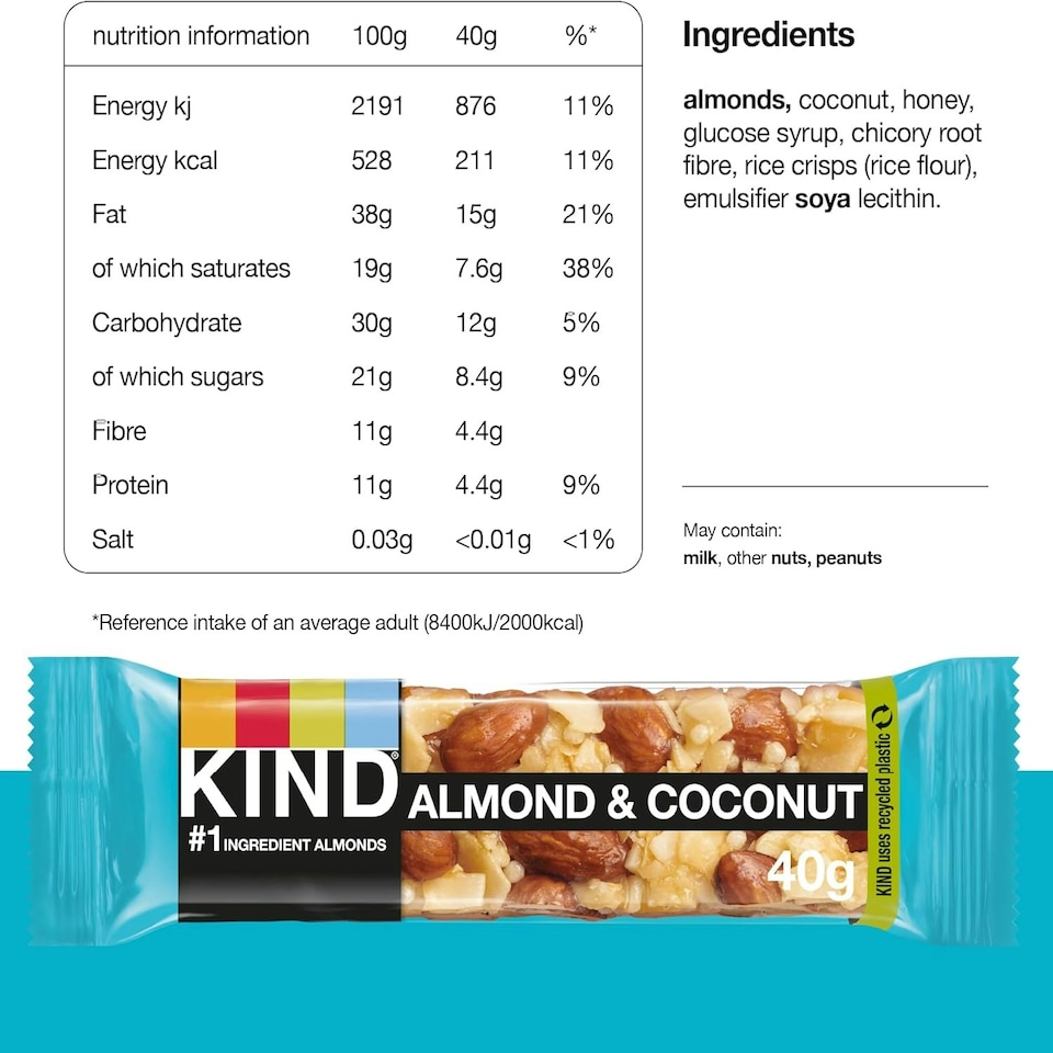 image 1 of KIND Bars, Gluten Free Snack Bars, Almond & Coconut, High Fibre, Healthy Snack, No Artificial Colours, Flavours or Preservatives, Multipack 24 x 40g