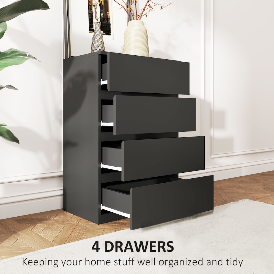 image 1 of HOMCOM Chest of Drawers, 4 Drawers Storage Cabinet Floor Tower Cupboard for Bedroom Living Room, Black